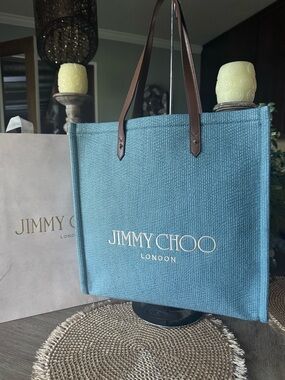 NWT Jimmy Choo Authentic Rhea Tote in Smokey Blue with Brown Leather Straps 🩵